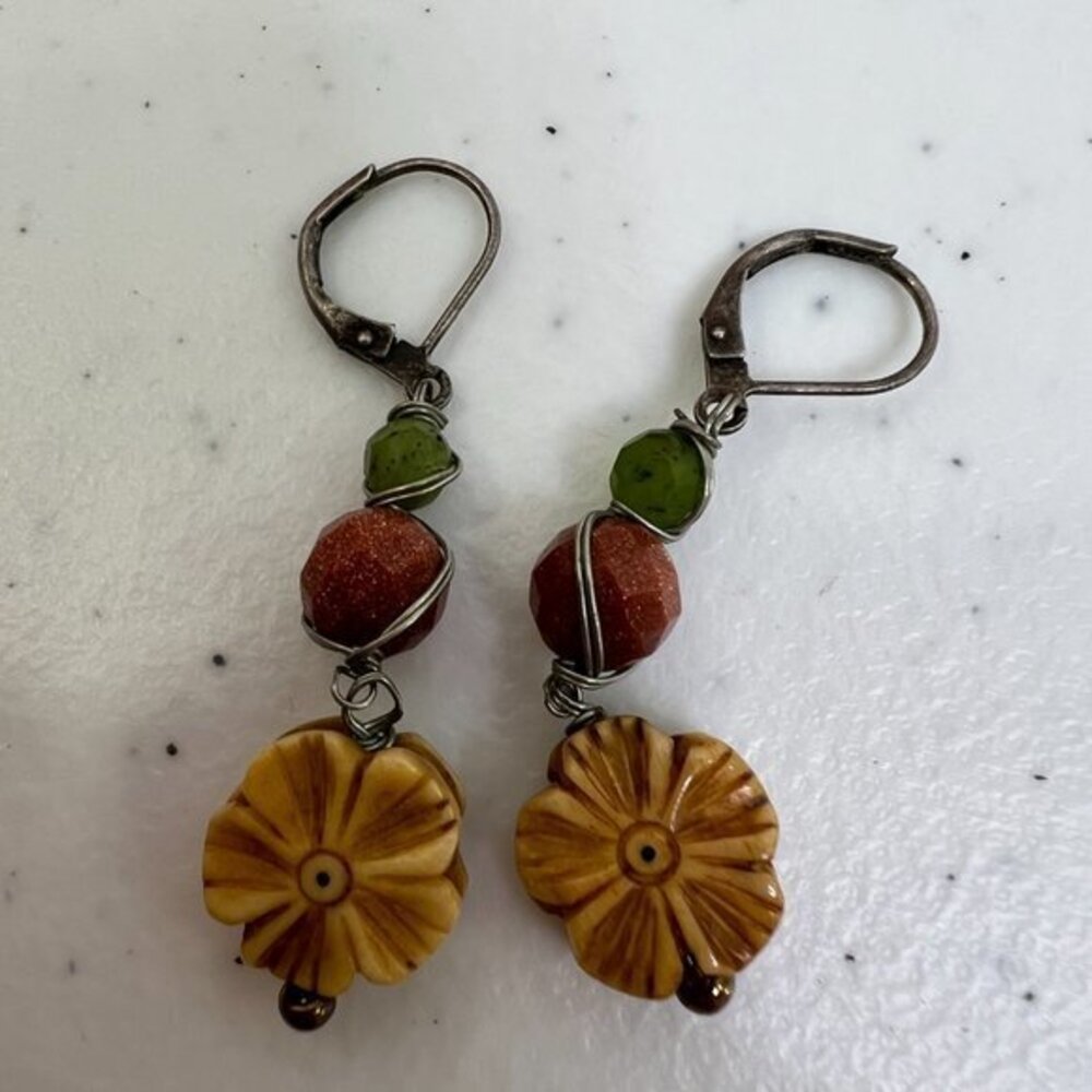 Goldstone Earrings Flower Dangle Beaded Orange Green Wire‎ Wrapped Drop 3D - Picture 4 of 6